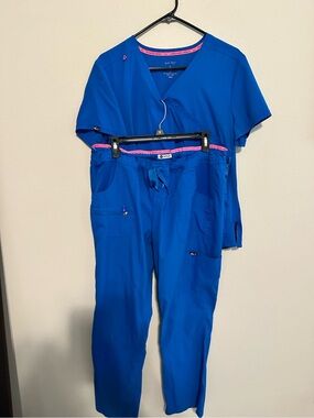 Koi Lite Scrub set Women’s Royal Blue Scrub Pants/Top with Pink Trim